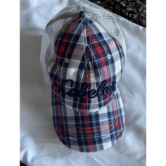 Cabela's Logo Adjustable Mesh Trucker Hat Cap One Size Fits Most Brown Plaid #1 - Picture 1 of 6